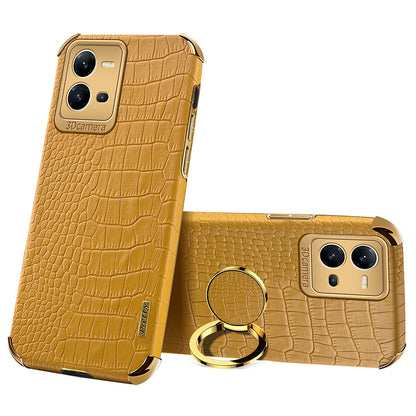 For vivo V25 5G Crocodile Texture Electroplating Cover Ring Kickstand PU Leather Coated TPU Phone Case