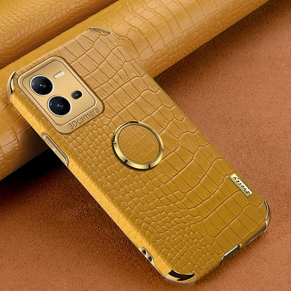 For vivo V25 5G Crocodile Texture Electroplating Cover Ring Kickstand PU Leather Coated TPU Phone Case