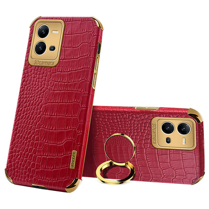 For vivo V25 5G Crocodile Texture Electroplating Cover Ring Kickstand PU Leather Coated TPU Phone Case