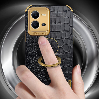 For vivo V25 5G Crocodile Texture Electroplating Cover Ring Kickstand PU Leather Coated TPU Phone Case