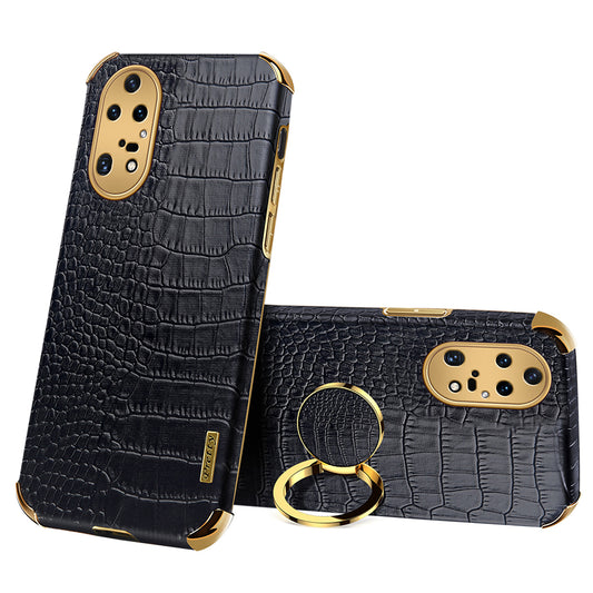 For Huawei P50 Pro 4G Crocodile Texture Electroplating Cover PU Leather Coated TPU Phone Case with Ring Kickstand