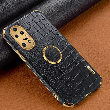 For Huawei P50 Pro 4G Crocodile Texture Electroplating Cover PU Leather Coated TPU Phone Case with Ring Kickstand