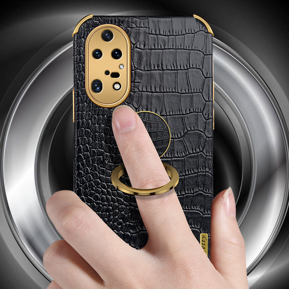 For Huawei P50 Pro 4G Crocodile Texture Electroplating Cover PU Leather Coated TPU Phone Case with Ring Kickstand