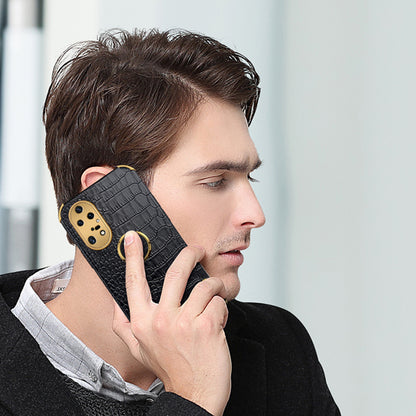 For Huawei P50 Pro 4G Crocodile Texture Electroplating Cover PU Leather Coated TPU Phone Case with Ring Kickstand