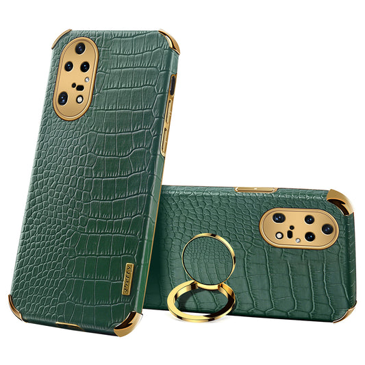 For Huawei P50 Pro 4G Crocodile Texture Electroplating Cover PU Leather Coated TPU Phone Case with Ring Kickstand