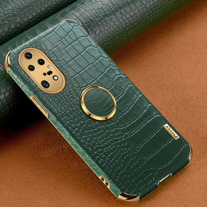 For Huawei P50 Pro 4G Crocodile Texture Electroplating Cover PU Leather Coated TPU Phone Case with Ring Kickstand