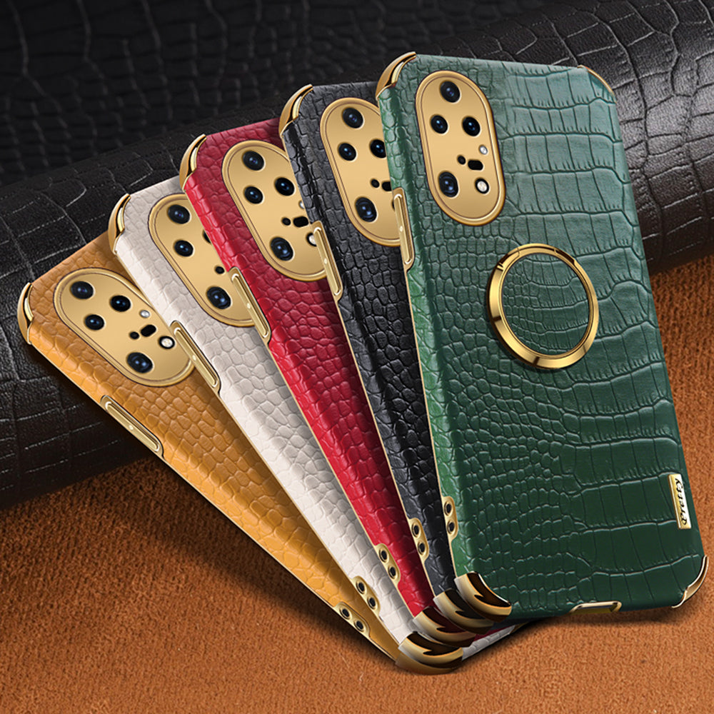 For Huawei P50 Pro 4G Crocodile Texture Electroplating Cover PU Leather Coated TPU Phone Case with Ring Kickstand