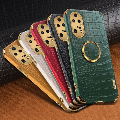 For Huawei P50 Pro 4G Crocodile Texture Electroplating Cover PU Leather Coated TPU Phone Case with Ring Kickstand