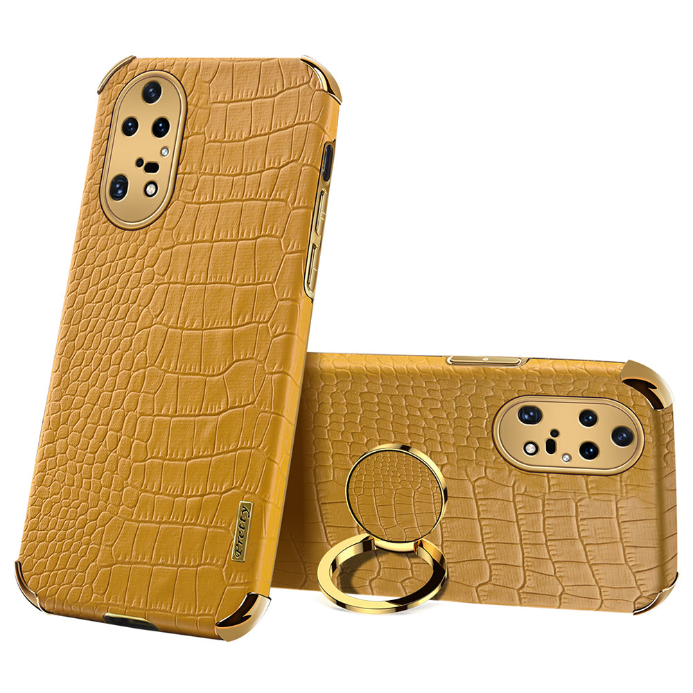 For Huawei P50 Pro 4G Crocodile Texture Electroplating Cover PU Leather Coated TPU Phone Case with Ring Kickstand
