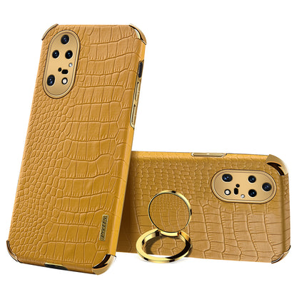 For Huawei P50 Pro 4G Crocodile Texture Electroplating Cover PU Leather Coated TPU Phone Case with Ring Kickstand