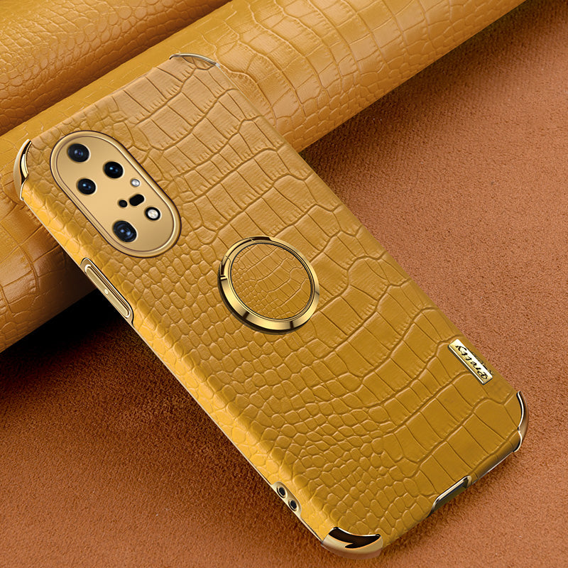 For Huawei P50 Pro 4G Crocodile Texture Electroplating Cover PU Leather Coated TPU Phone Case with Ring Kickstand