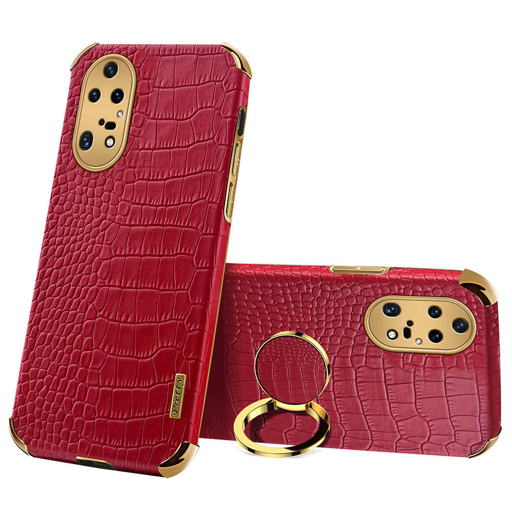 For Huawei P50 Pro 4G Crocodile Texture Electroplating Cover PU Leather Coated TPU Phone Case with Ring Kickstand