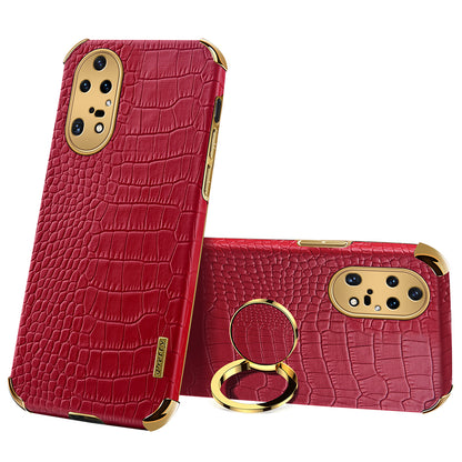 For Huawei P50 Pro 4G Crocodile Texture Electroplating Cover PU Leather Coated TPU Phone Case with Ring Kickstand