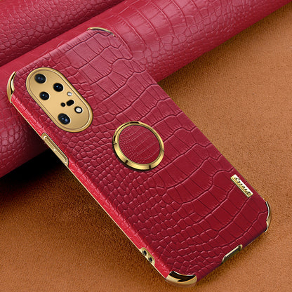For Huawei P50 Pro 4G Crocodile Texture Electroplating Cover PU Leather Coated TPU Phone Case with Ring Kickstand
