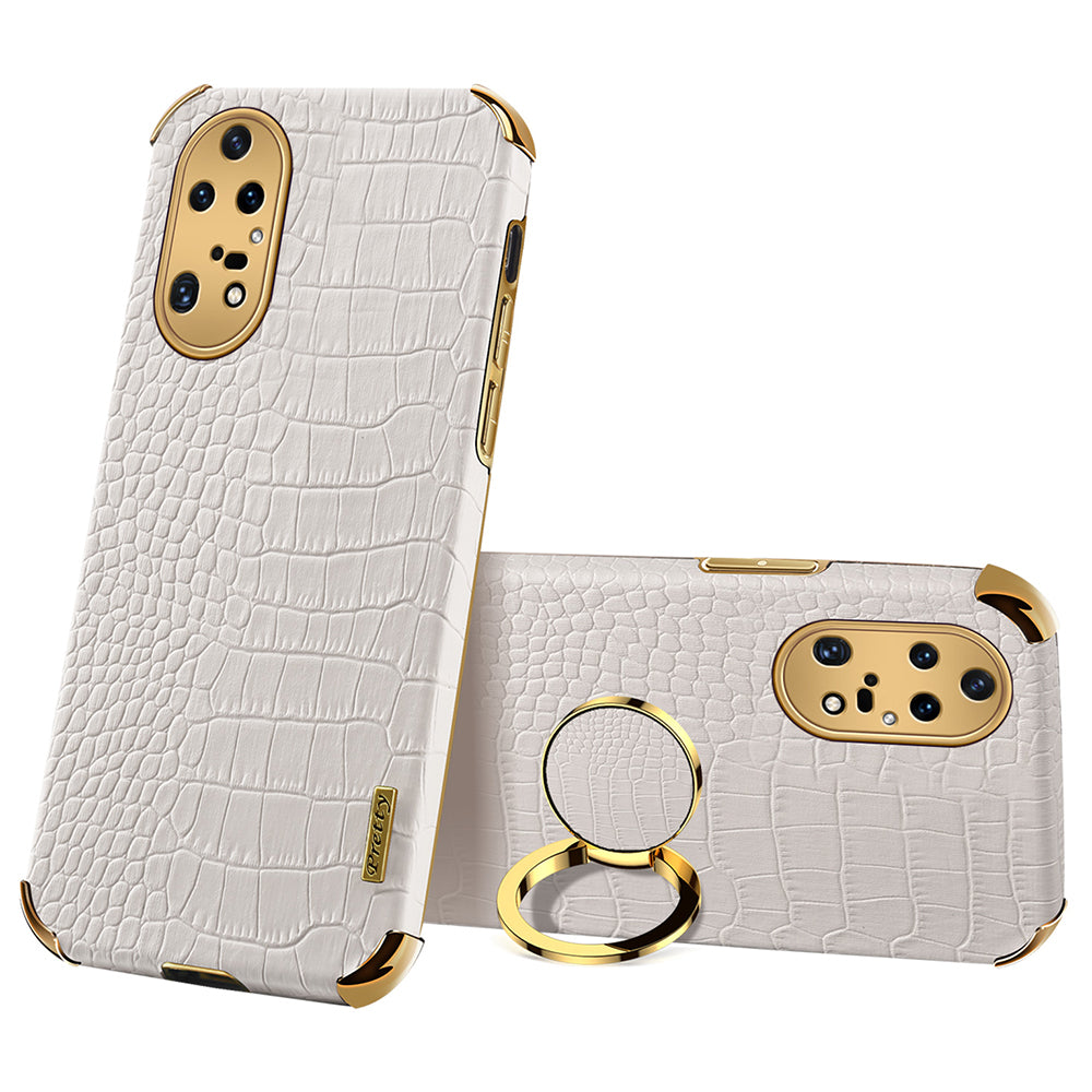 For Huawei P50 Pro 4G Crocodile Texture Electroplating Cover PU Leather Coated TPU Phone Case with Ring Kickstand