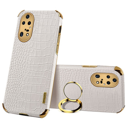 For Huawei P50 Pro 4G Crocodile Texture Electroplating Cover PU Leather Coated TPU Phone Case with Ring Kickstand