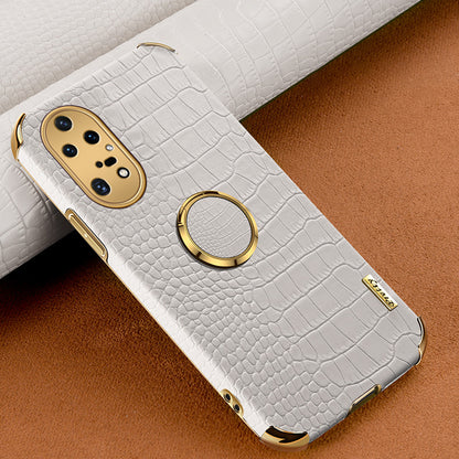 For Huawei P50 Pro 4G Crocodile Texture Electroplating Cover PU Leather Coated TPU Phone Case with Ring Kickstand