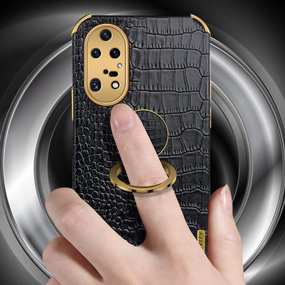 For Huawei P50 Pro 4G Crocodile Texture Electroplating Cover PU Leather Coated TPU Phone Case with Ring Kickstand