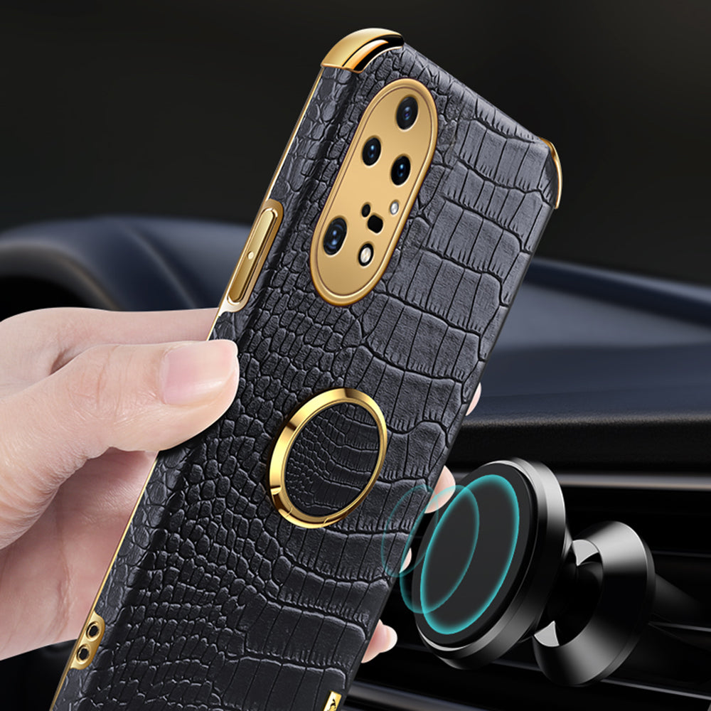 For Huawei P50 Pro 4G Crocodile Texture Electroplating Cover PU Leather Coated TPU Phone Case with Ring Kickstand