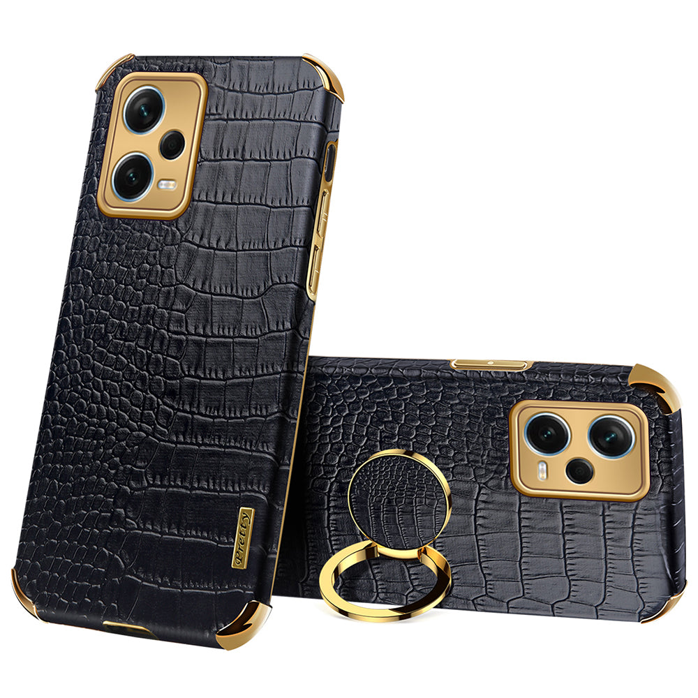 For Xiaomi Redmi Note 12 Pro+ 5G Leather Coated TPU Case Crocodile Texture Electroplated Phone Cover with Ring Kickstand