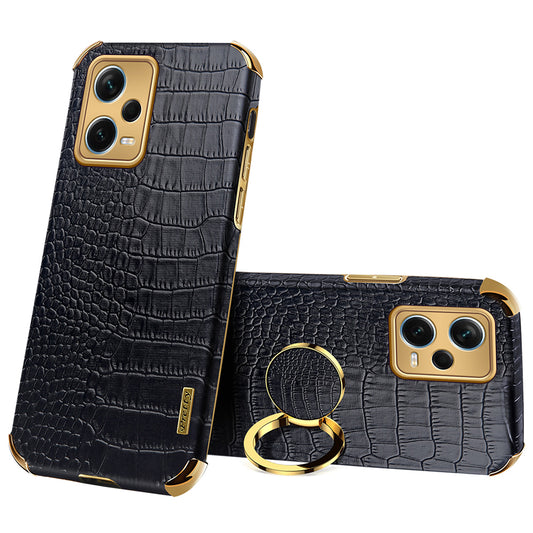For Xiaomi Redmi Note 12 Pro+ 5G Leather Coated TPU Case Crocodile Texture Electroplated Phone Cover with Ring Kickstand