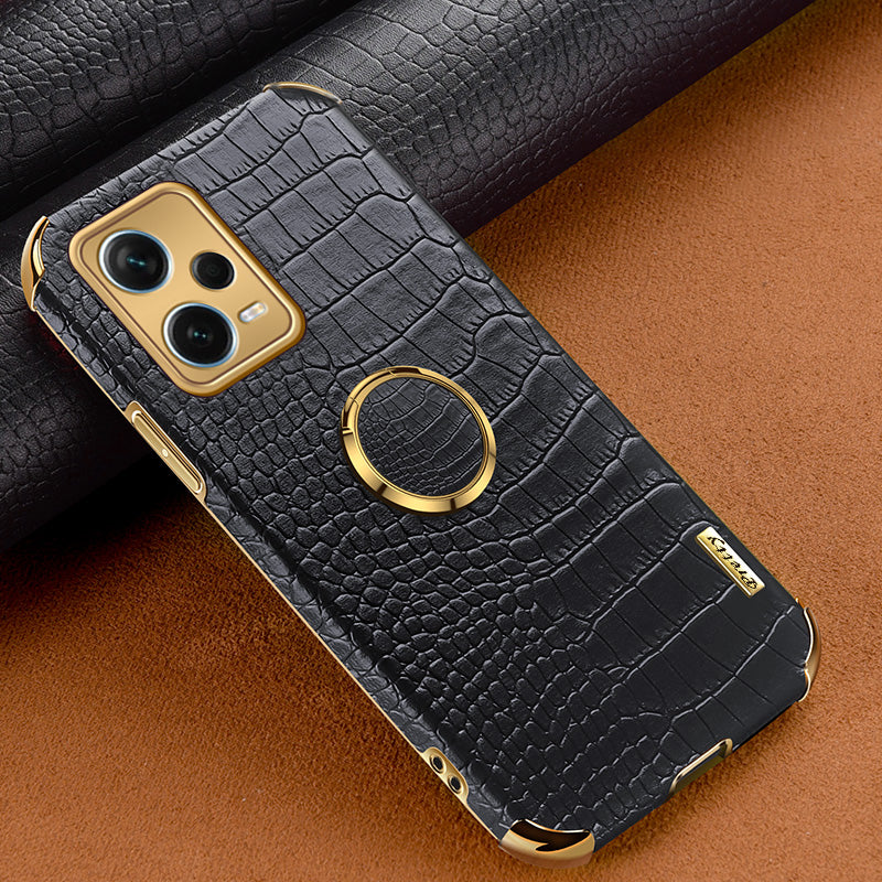 For Xiaomi Redmi Note 12 Pro+ 5G Leather Coated TPU Case Crocodile Texture Electroplated Phone Cover with Ring Kickstand