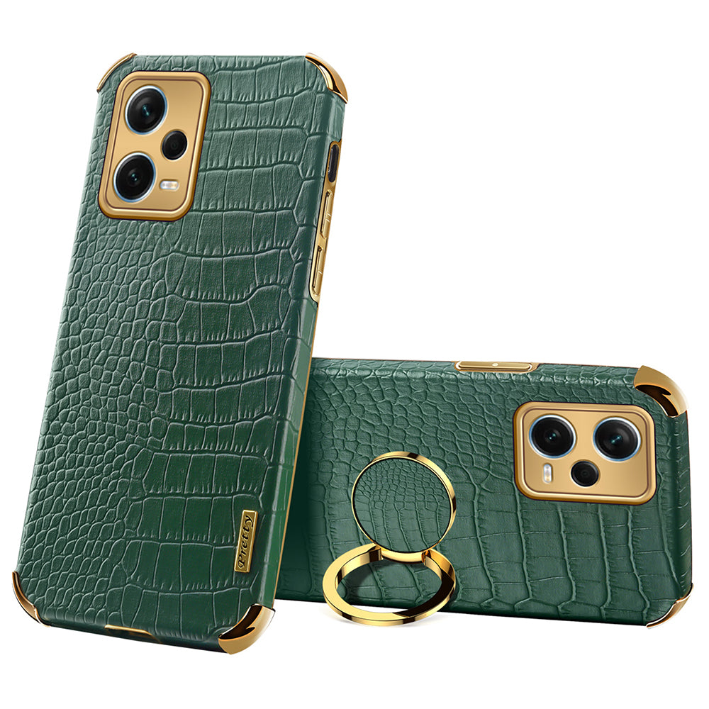 For Xiaomi Redmi Note 12 Pro+ 5G Leather Coated TPU Case Crocodile Texture Electroplated Phone Cover with Ring Kickstand