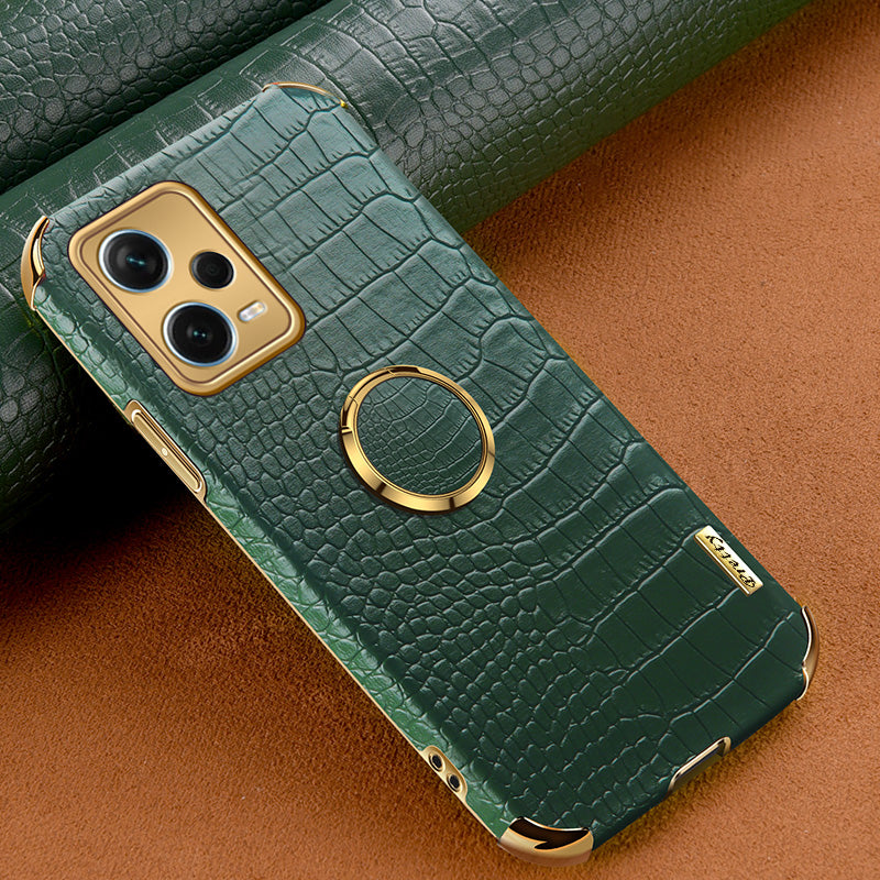 For Xiaomi Redmi Note 12 Pro+ 5G Leather Coated TPU Case Crocodile Texture Electroplated Phone Cover with Ring Kickstand