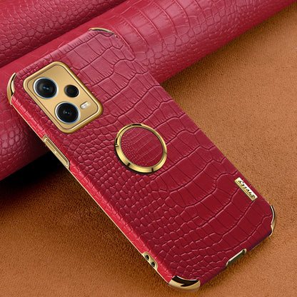 For Xiaomi Redmi Note 12 Pro+ 5G Leather Coated TPU Case Crocodile Texture Electroplated Phone Cover with Ring Kickstand