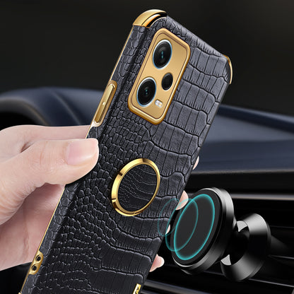 For Xiaomi Redmi Note 12 Pro+ 5G Leather Coated TPU Case Crocodile Texture Electroplated Phone Cover with Ring Kickstand
