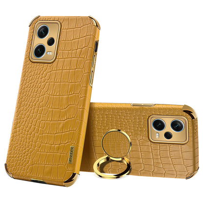For Xiaomi Redmi Note 12 Pro+ 5G Leather Coated TPU Case Crocodile Texture Electroplated Phone Cover with Ring Kickstand