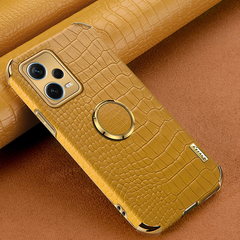 For Xiaomi Redmi Note 12 Pro+ 5G Leather Coated TPU Case Crocodile Texture Electroplated Phone Cover with Ring Kickstand