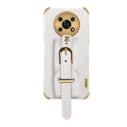 For Honor X30 5G Crocodile Texture Phone Cover 6D Electroplated Leather Coated TPU Anti-drop Case with Hand Strap