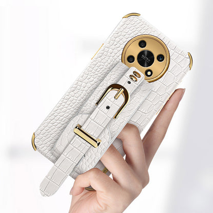 For Honor X30 5G Crocodile Texture Phone Cover 6D Electroplated Leather Coated TPU Anti-drop Case with Hand Strap