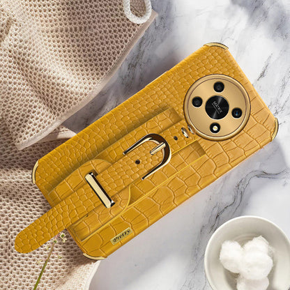For Honor X30 5G Crocodile Texture Phone Cover 6D Electroplated Leather Coated TPU Anti-drop Case with Hand Strap