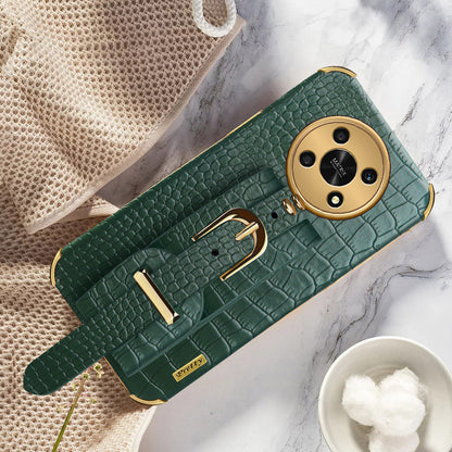 For Honor X30 5G Crocodile Texture Phone Cover 6D Electroplated Leather Coated TPU Anti-drop Case with Hand Strap