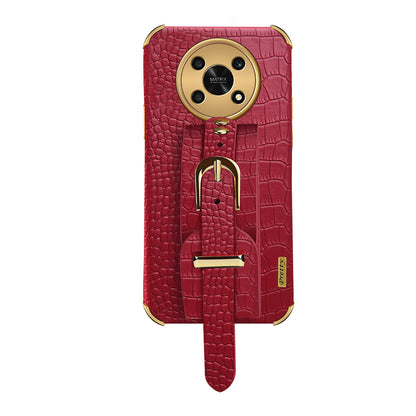 For Honor X30 5G Crocodile Texture Phone Cover 6D Electroplated Leather Coated TPU Anti-drop Case with Hand Strap