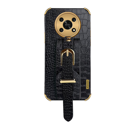 For Honor X30 5G Crocodile Texture Phone Cover 6D Electroplated Leather Coated TPU Anti-drop Case with Hand Strap