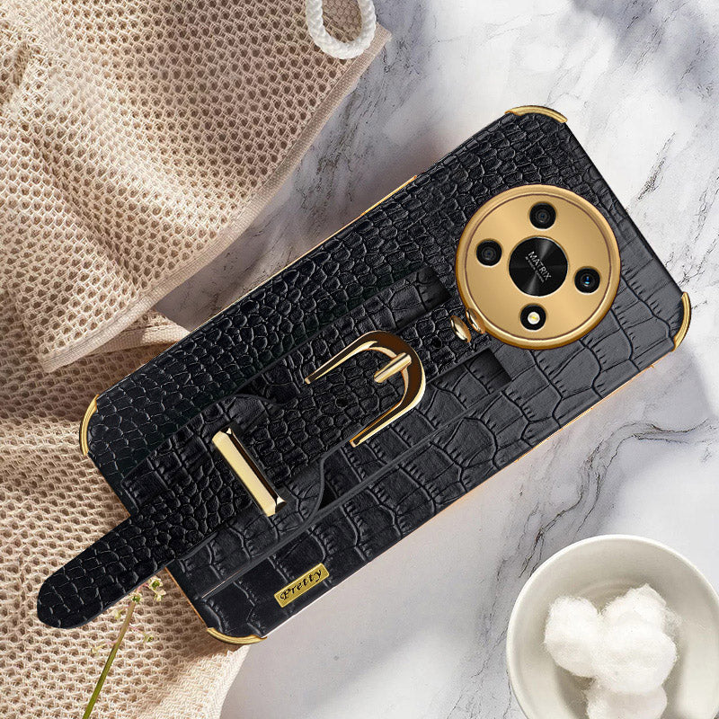 For Honor X30 5G Crocodile Texture Phone Cover 6D Electroplated Leather Coated TPU Anti-drop Case with Hand Strap