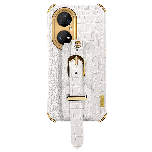 For Huawei P50 Pro 4G Crocodile Texture Leather Coated TPU Case 6D Electroplating Wristband Kickstand Phone Cover
