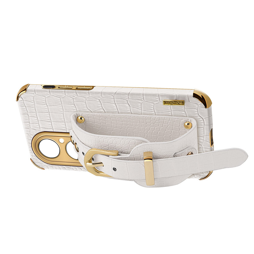 For Huawei P50 Pro 4G Crocodile Texture Leather Coated TPU Case 6D Electroplating Wristband Kickstand Phone Cover