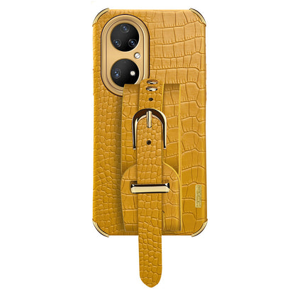 For Huawei P50 Pro 4G Crocodile Texture Leather Coated TPU Case 6D Electroplating Wristband Kickstand Phone Cover