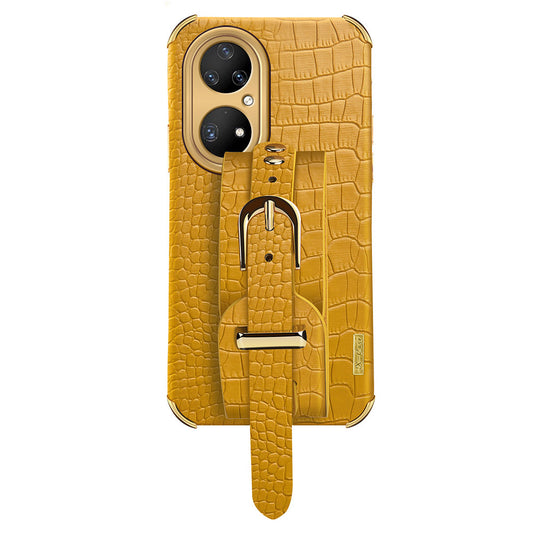 For Huawei P50 Pro 4G Crocodile Texture Leather Coated TPU Case 6D Electroplating Wristband Kickstand Phone Cover