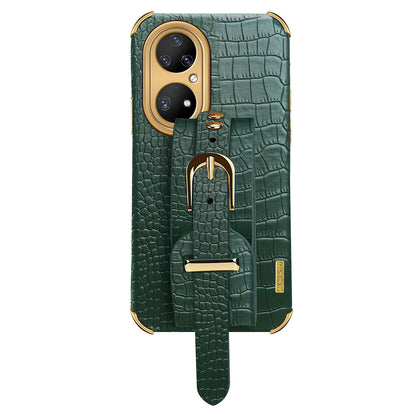 For Huawei P50 Pro 4G Crocodile Texture Leather Coated TPU Case 6D Electroplating Wristband Kickstand Phone Cover