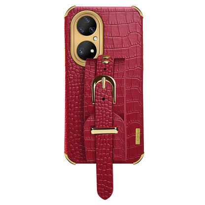 For Huawei P50 Pro 4G Crocodile Texture Leather Coated TPU Case 6D Electroplating Wristband Kickstand Phone Cover