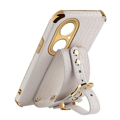 For Huawei P50 Pro 4G Crocodile Texture Leather Coated TPU Case 6D Electroplating Wristband Kickstand Phone Cover