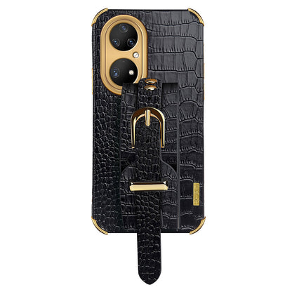 For Huawei P50 Pro 4G Crocodile Texture Leather Coated TPU Case 6D Electroplating Wristband Kickstand Phone Cover
