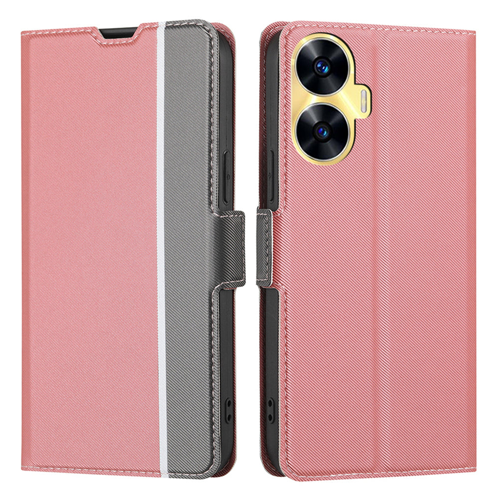For Realme C55 Card Slot Twill Texture Phone Cover Stand Anti-Scratch TPU+PU Leather Case