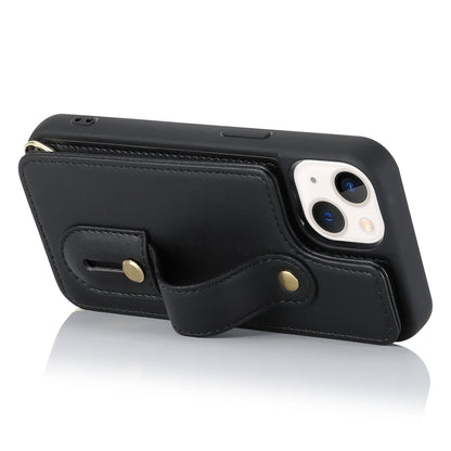 For iPhone 14 / 13 6.1 inch Wristband Kickstand Back Cover Card Holder PU Leather Coated TPU Phone Case