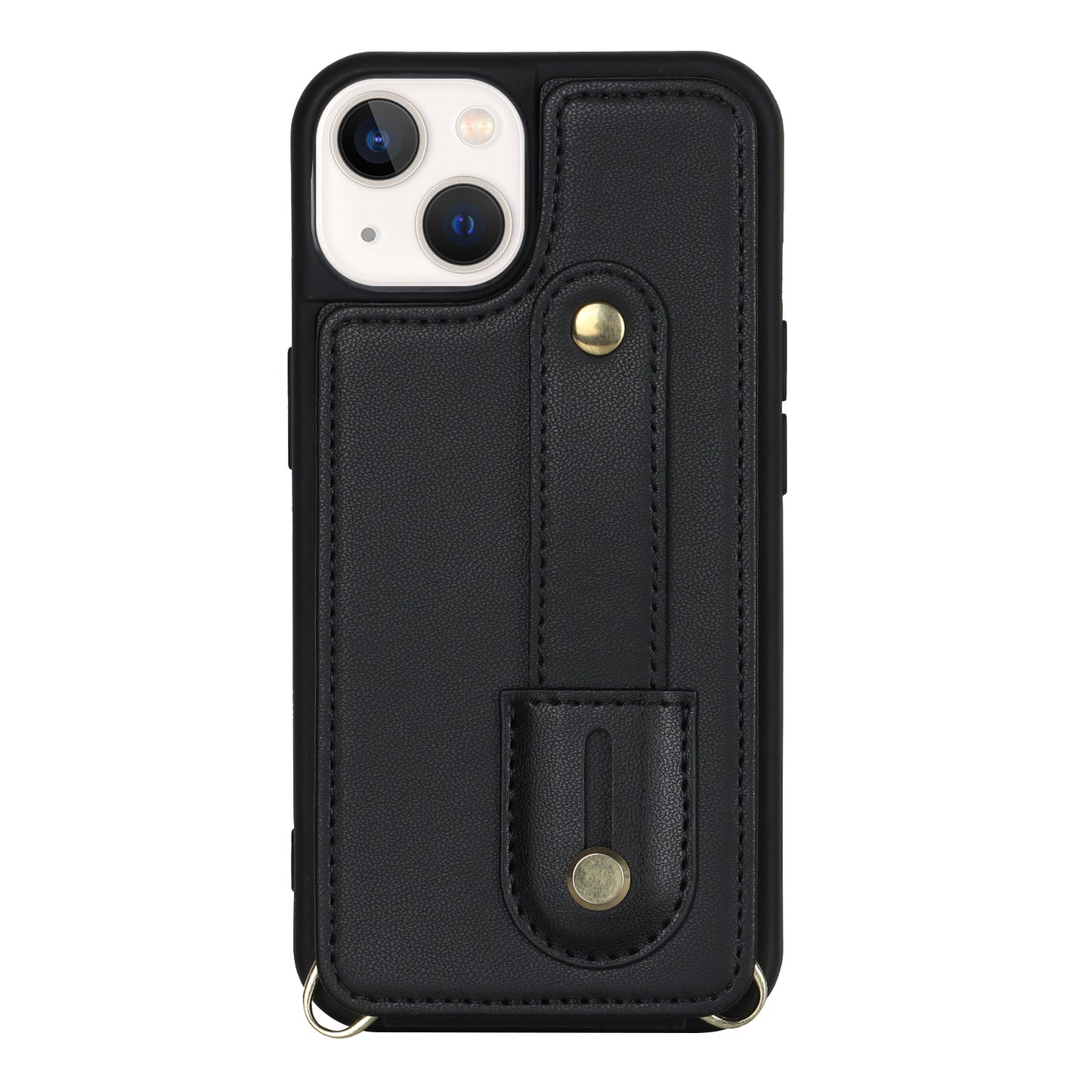 For iPhone 14 / 13 6.1 inch Wristband Kickstand Back Cover Card Holder PU Leather Coated TPU Phone Case